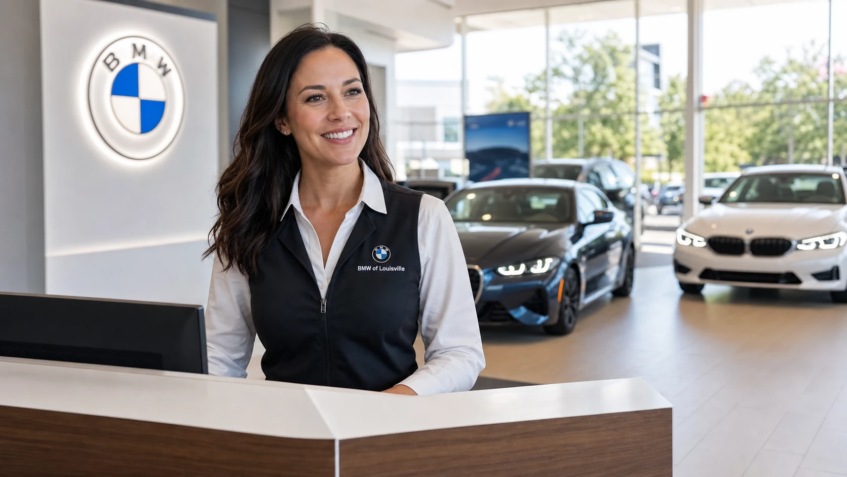 Front-desk employee in branded apparel greeting visitors