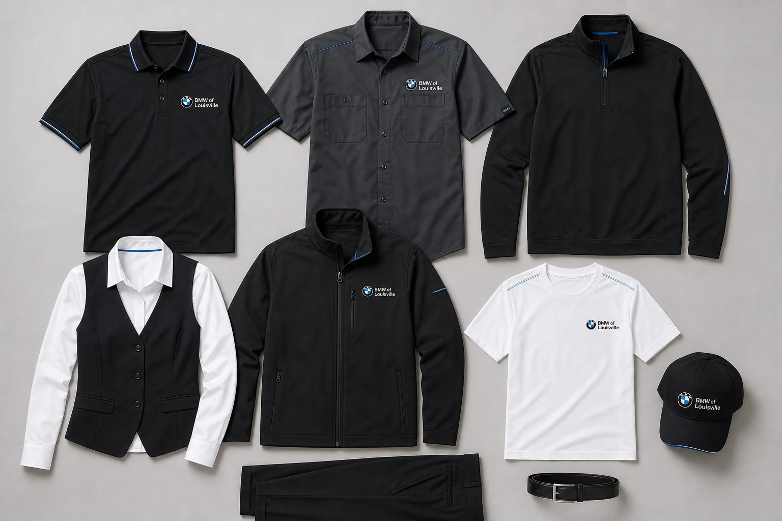Flat lay of shirts, jackets and caps that make up one uniform program