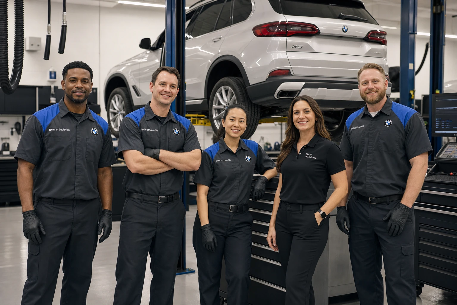 Service technicians wearing matching branded work shirts in the shop