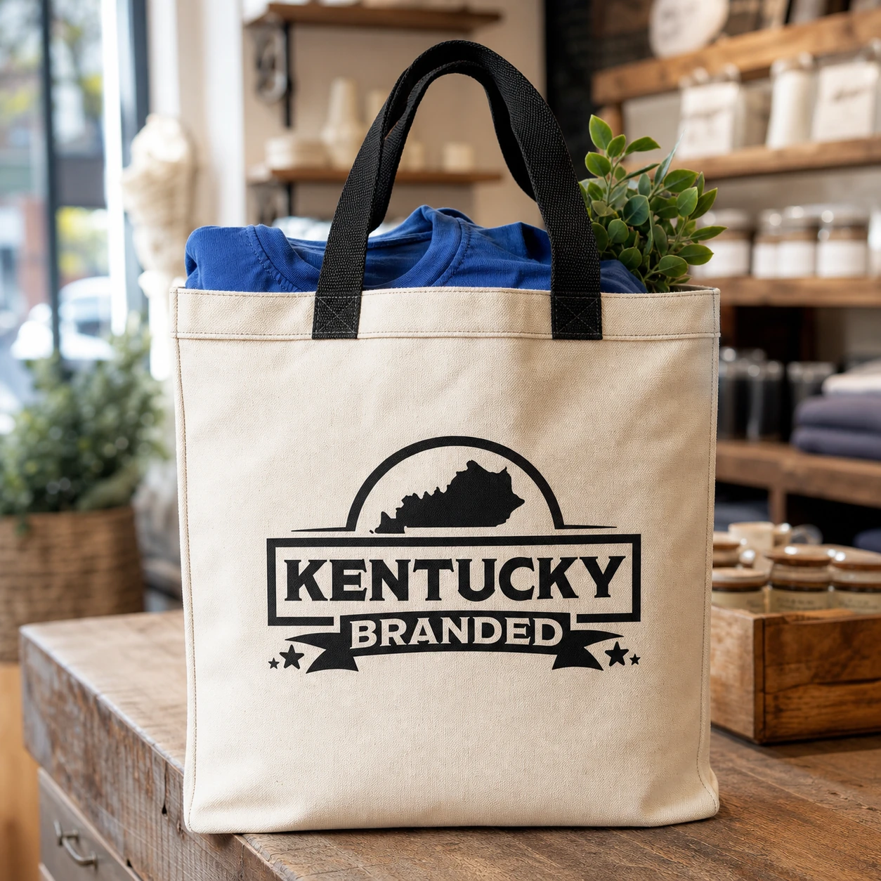 Printed canvas tote bag with a logo across the front panel