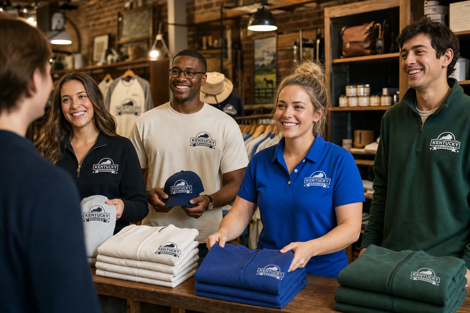Shop staff wearing the brand's own apparel on the sales floor