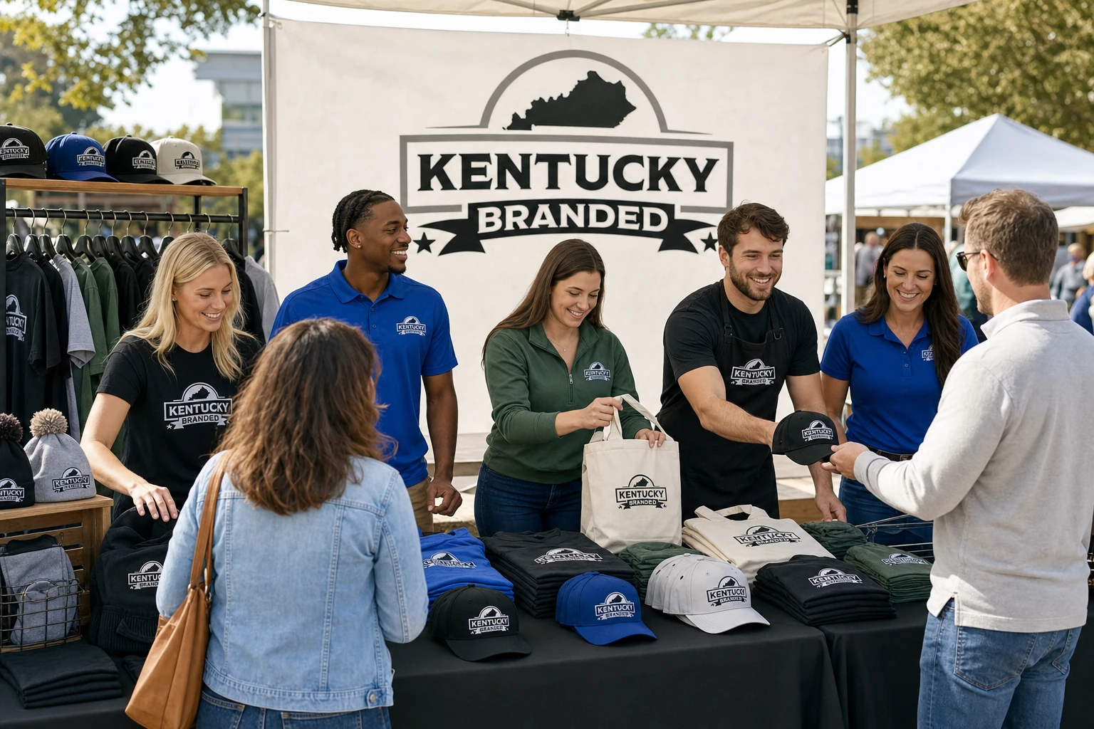Staff working a branded booth in matching shirts at an event