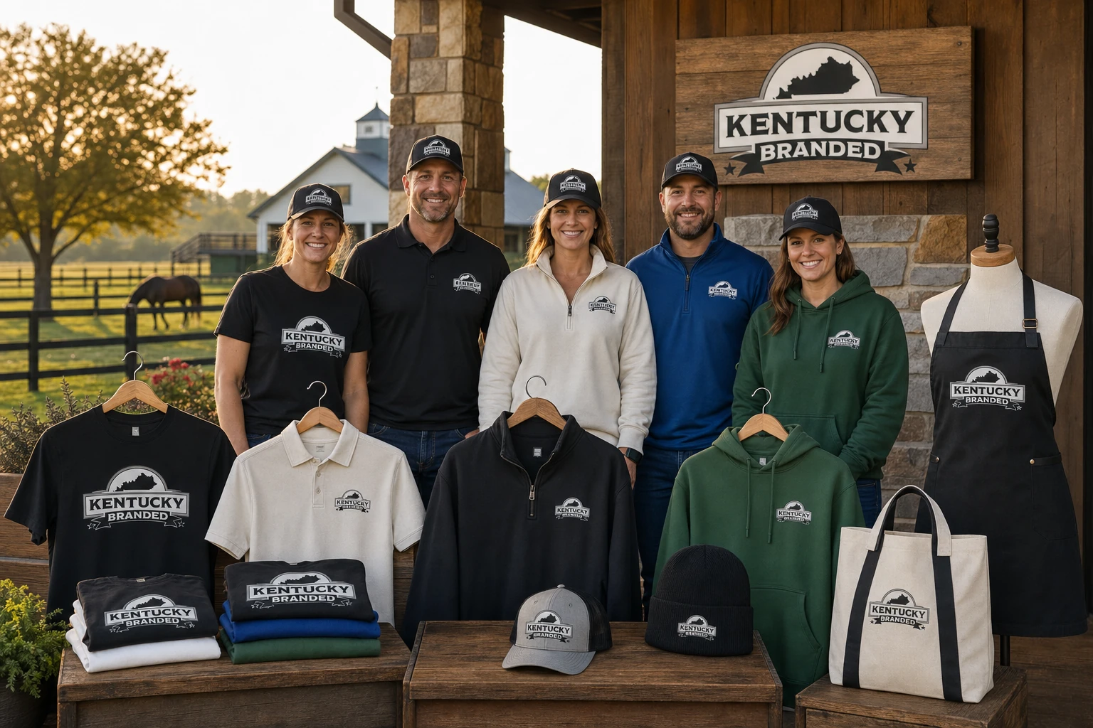 Team modeling a full lineup of private-label merch