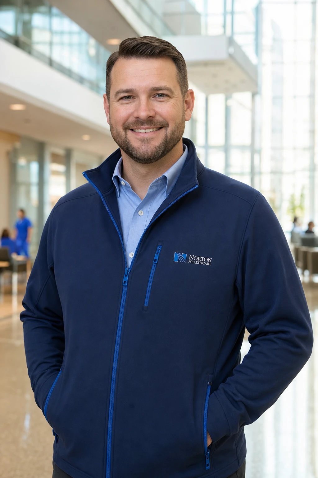 Embroidered softshell jacket for hospital operations staff