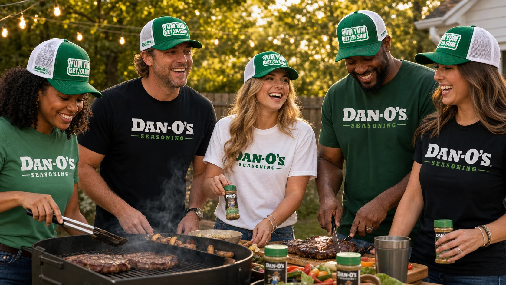 Dan-O's Seasoning branded apparel at a backyard cookout