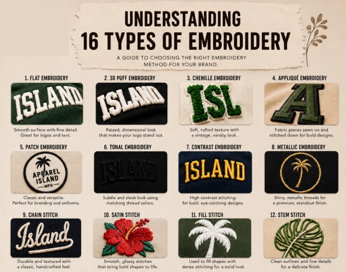 A guide to 16 types of embroidery — flat, 3D puff, chenille, appliqué, patch, tonal, contrast, metallic, chain, satin, fill and stem stitch