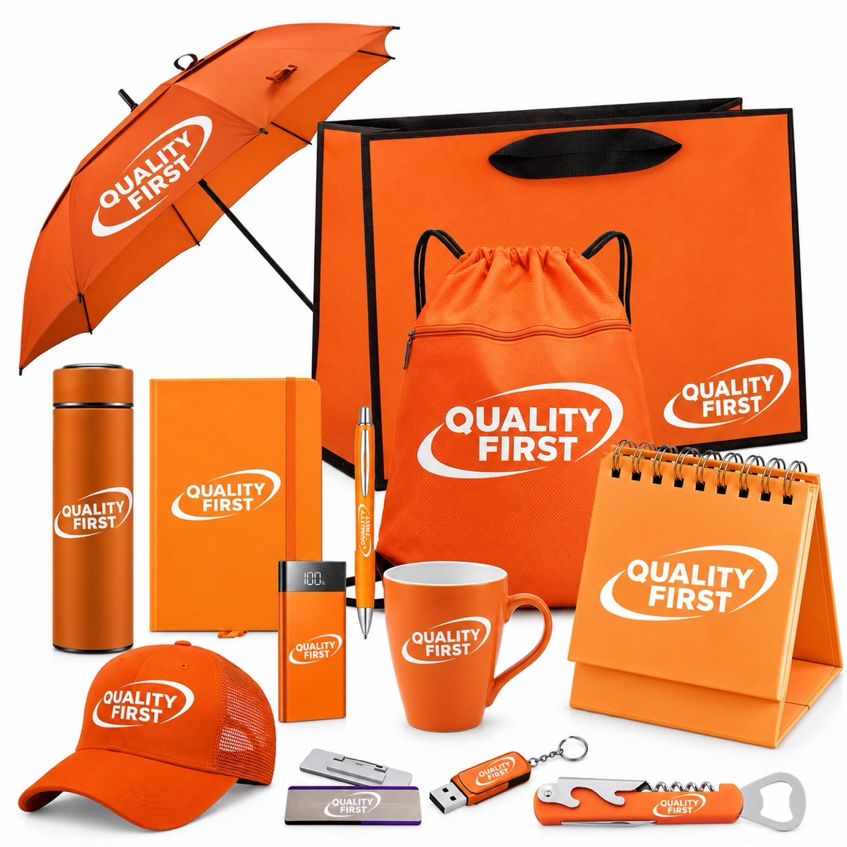 Quality First branded merchandise kit — umbrella, tote and drawstring bags, tumbler and bottle, notebook, cap, mug, pen and tech gear