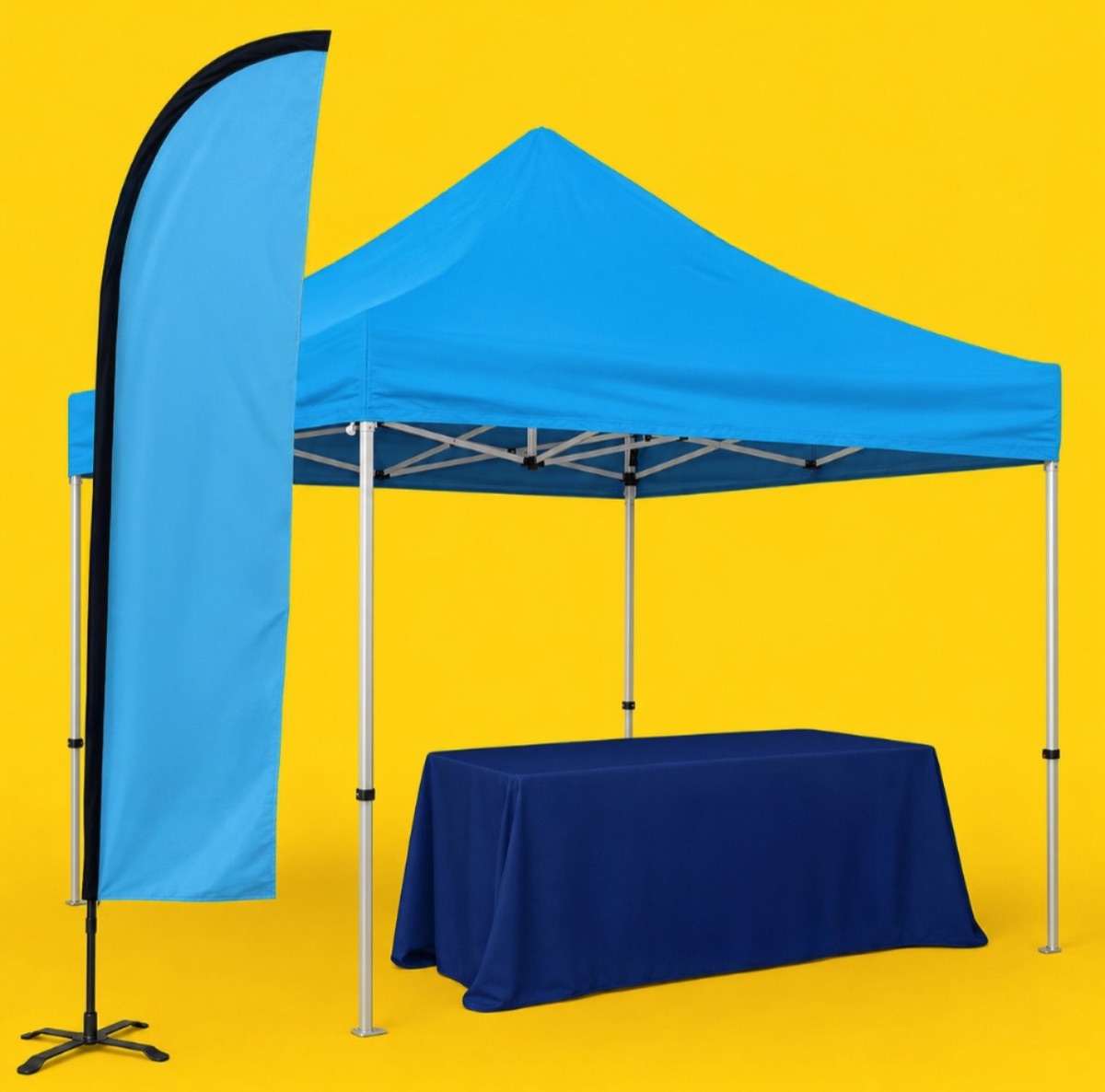 Custom trade-show display — pop-up tent, feather flag and branded table cover by Quality First